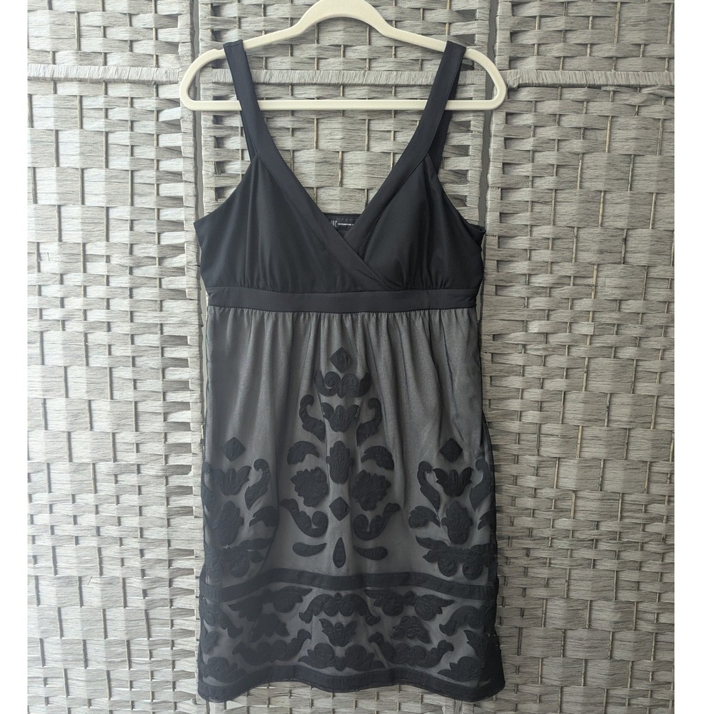 Little Black Dress Embroidered Mesh Overlay Empire Waist Sz L Babydoll Romantic